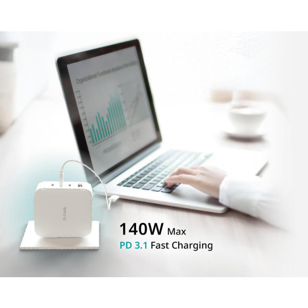 Фото - Сетевое зарядное устройство D-Link 140Вт GaN 3хUSB-С 1xUSB-A White (DCF-141)