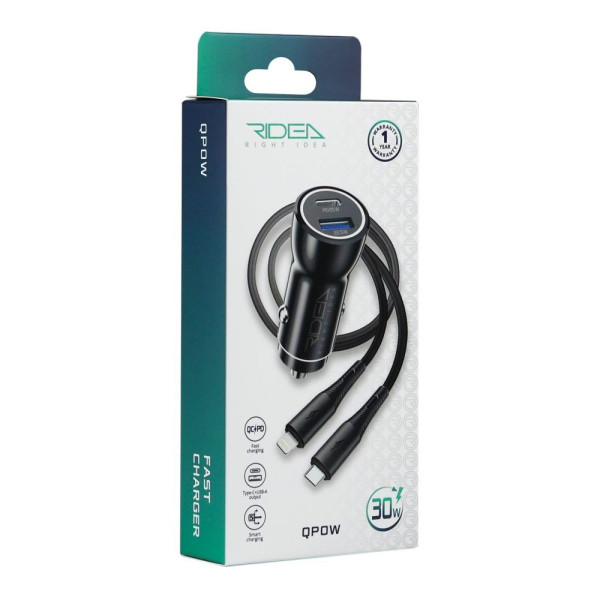 Фото - Автомобильное зарядное устройство Ridea QPow 1USB/1USB-C PD/QC 30W+Type-C to Lightning Black (RCC-30115)