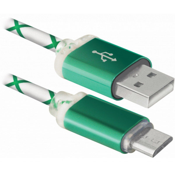 Фото - Кабель Defender USB08-03LT USB - Micro USB Green LED Backlight 1m (87557)