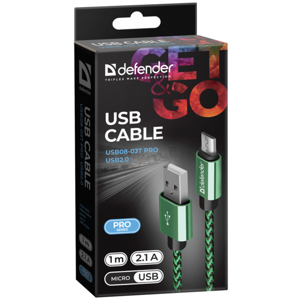Фото - Кабель Defender USB08-03T USB(AM)-MicroBM 1m Green (87804)