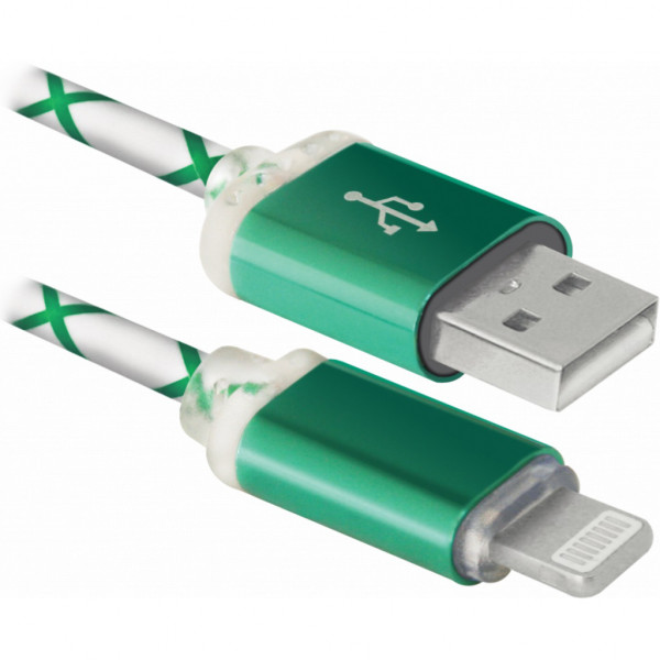 Фото - Кабель синхронизации данных Defender USB 2.0 AM to Lightning 1.0m ACH03-03LT Green LED Backlight (87553)