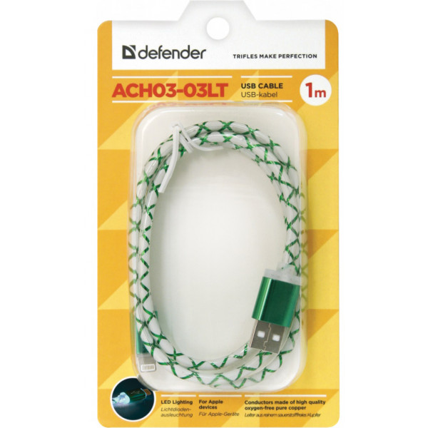 Фото - Кабель синхронизации данных Defender USB 2.0 AM to Lightning 1.0m ACH03-03LT Green LED Backlight (87553)