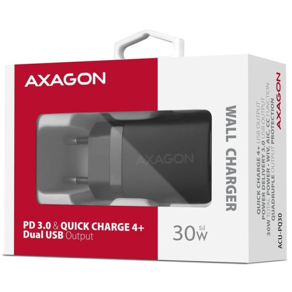 Фото - Сетевое зарядное устройство AXAGON QC3.0,4.0/AFC/FCP/PPS/Apple + PD type-C, 30W Black (ACU-PQ30)