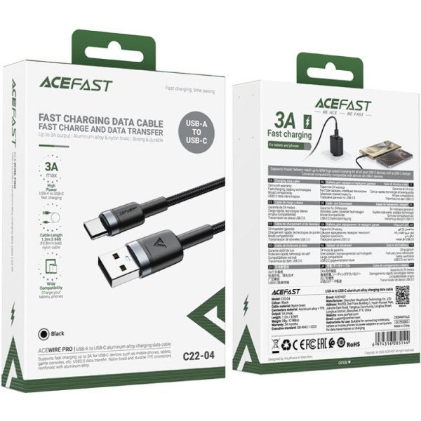 Фото - Кабель синхронизации данных AceFast USB 2.0 AM-Type-C M, 1.2 м Black (6974316285144)
