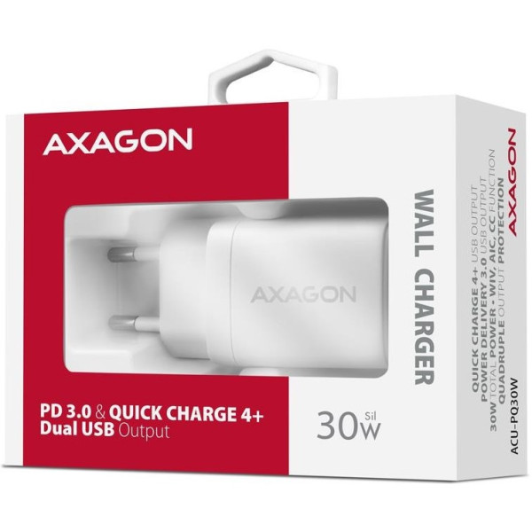 Фото - Сетевое зарядное устройство AXAGON QC3.0,4.0/AFC/FCP/PPS/Apple + PD type-C, 30W White (ACU-PQ30W)