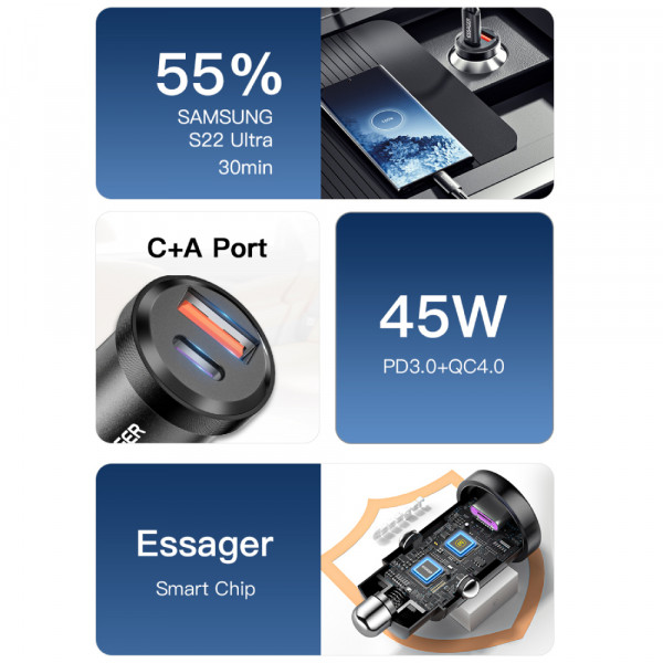 Фото - Автомобильное зарядное устройство Essager Gyroscope Mini 45W Car Charger USB-A + Type-C Black (ECCAC45-TL01-Z)