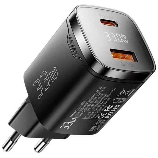 Фото - Сетевое зарядное устройство Essager Gamet 33W GaN digital display A+C Black (ECT33W-GMB01-Z)