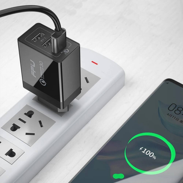 Фото - Сетевое зарядное устройство Essager Fangbo QC3.0 3U (QC+Dual 2.4A) Charging Head EU Black (ECTQC3-FBB01)