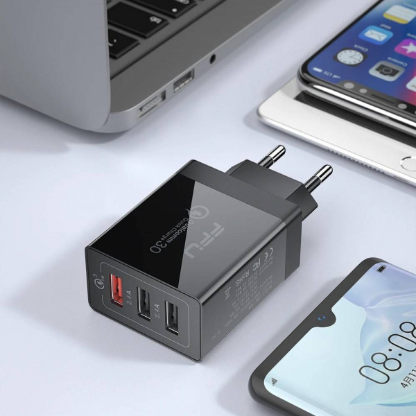 Фото - Сетевое зарядное устройство Essager Fangbo QC3.0 3U (QC+Dual 2.4A) Charging Head EU Black (ECTQC3-FBB01)