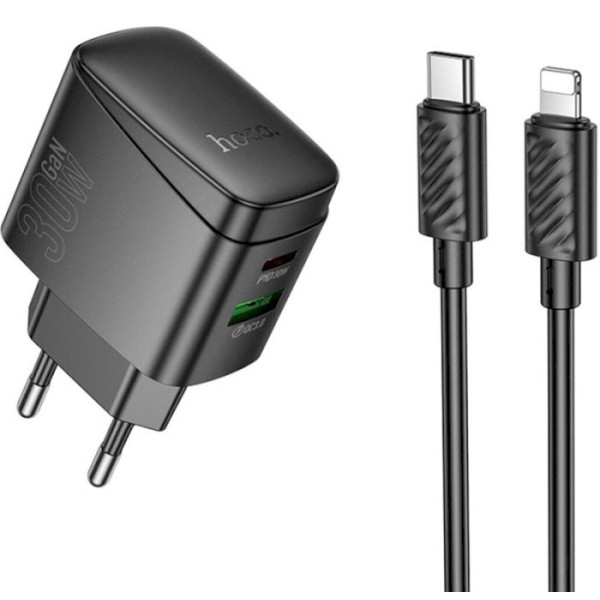 Фото - Сетевое зарядное устройство HOCO CS61A Bright PD30W+QC3.0 charger set (C to iP)(EU) Black (6942007638432)