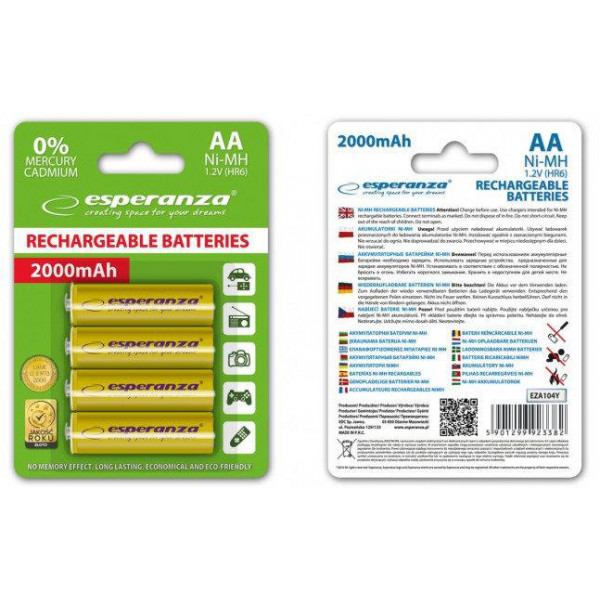 Фото - Аккумулятор тип AA Esperanza Ni-MH AA/HR06 2000 mAh BL 4шт Yellow (EZA104Y)