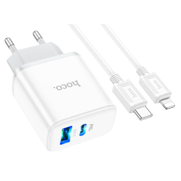 Фото - Сетевое зарядное устройство HOCO C105A PD20W+QC3.0 charger set (C to iP)(EU) White (6931474782939)