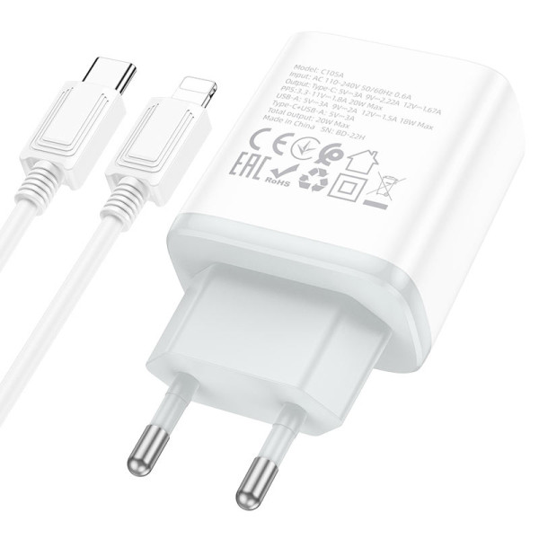 Фото - Сетевое зарядное устройство HOCO C105A PD20W+QC3.0 charger set (C to iP)(EU) White (6931474782939)