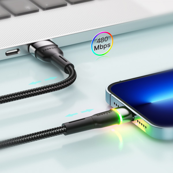 Фото - Кабель синхронизации данных Essager Colorful LED USB Cable Fast Charging 2.4A USB-A to Lightning 2m Black (EXCL-XCDA01)