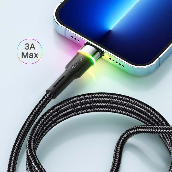 Фото - Кабель синхронизации данных Essager Colorful LED USB Cable Fast Charging 2.4A USB-A to Lightning 2m Black (EXCL-XCDA01)