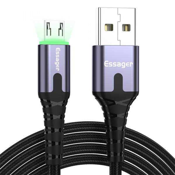 Фото - Кабель синхронизации данных Essager LED Light USB Charging & Data Micro 2.4A 1m Black (EXCM-XG0G)