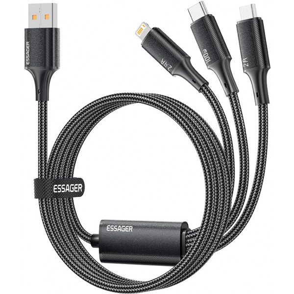 Фото - Кабель синхронизации данных Essager Simple 3 in 1 Micro+Type-c+Lightning 100W USB Cable 1.2M (EXCMTL-JJ01-P)