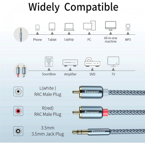 Фото - Кабель 3.5 мм - RCA Essager Jack 3.5 to 2 RCA 1m (EYPZJ-MY0H)