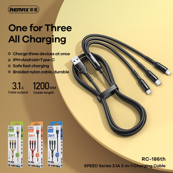 Фото - Кабель синхронизации данных Remax RC-186th SPEED Combo 3-in-1 USB - Lightning + micro USB + USB Type-C (M/M), 2.1 A, 1.2 м, Black (2000700011052)