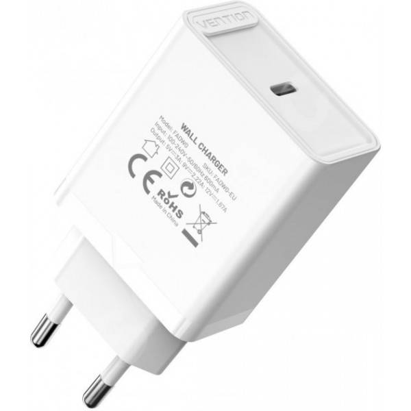 Фото - Сетевое зарядное устройство Vention USB Type C + QC4.0 20W White (FADW0-EU)