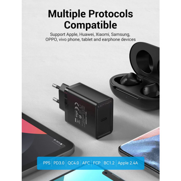 Фото - Сетевое зарядное устройство Vention USB Type C + QC4.0 20W Black (FADB0-EU)