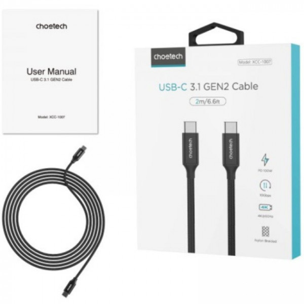 Фото - Кабель синхронизации данных Choetech USB 3.1 Gen2 Type-C M-M 2.0 м (XCC-1007-V2-BK)