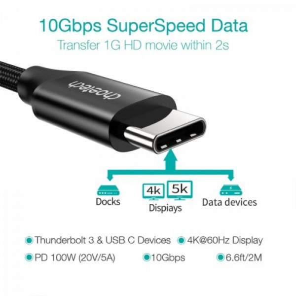 Фото - Кабель синхронизации данных Choetech USB 3.1 Gen2 Type-C M-M 2.0 м (XCC-1007-V2-BK)