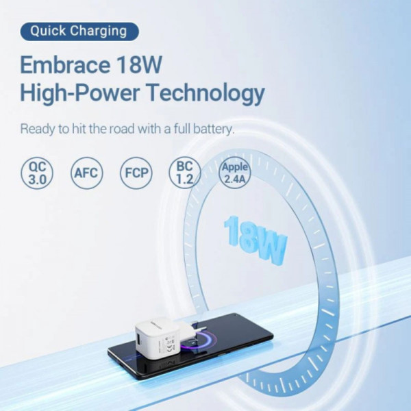 Фото - Сетевое зарядное устройство Vention 1xUSB 18W QC3.0 White (FEKW0-EU)
