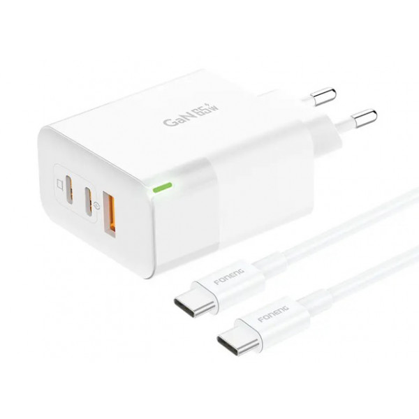 Фото - Сетевое зарядное устройство Foneng GAN65 USB-A 2xUSB-C GaN 65W White + кабель USB-C (GAN65)
