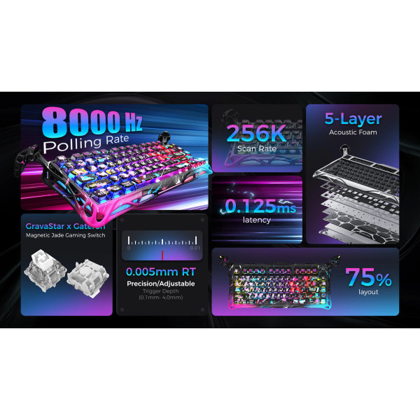 Фото - Клавиатура проводная игровая GravaStar Mercury V75 Pro 80keys, Magnetic Jade Gaming, 8K, USB-A, RGB, Neon Graffiti (GS_V75_PRO_CG_BLK)