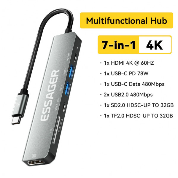 Фото - Хаб USB Essager QingHong 7 in1 HDMI USB3.2 USB-C SD TF Grey (EHB07-QH0G-Z)