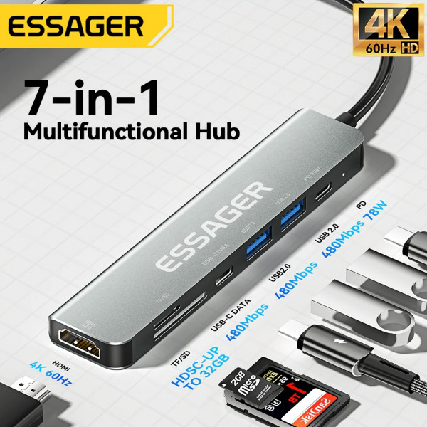Фото - Хаб USB Essager QingHong 7 in1 HDMI USB3.2 USB-C SD TF Grey (EHB07-QH0G-Z)