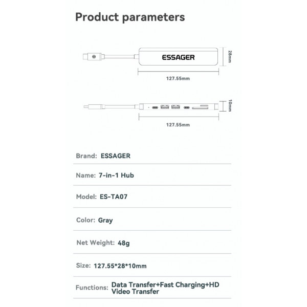 Фото - Хаб USB Essager QingHong 7 in1 HDMI USB3.2 USB-C SD TF Grey (EHB07-QH0G-Z)