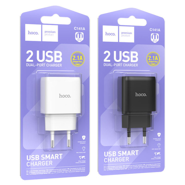 Фото - Сетевое зарядное устройство HOCO C141A Smart dual-port charger Black (6942007627849)