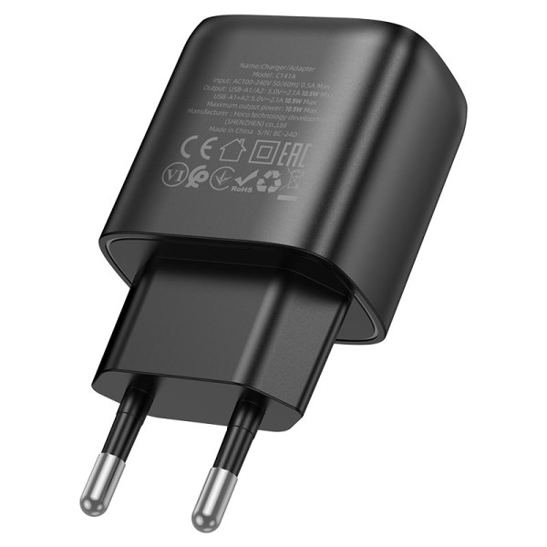 Фото - Сетевое зарядное устройство HOCO C141A Smart dual-port charger Black (6942007627849)