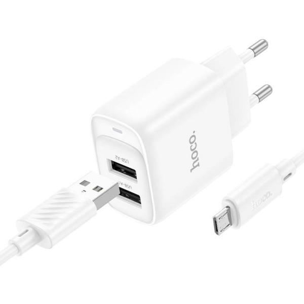 Фото - Сетевое зарядное устройство HOCO C141A Smart dual-port charger set(Micro) White (6942007627894)