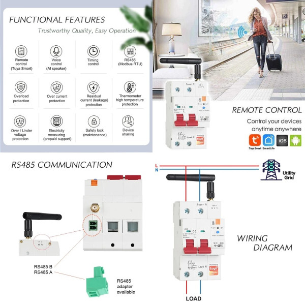 Фото - Релейный выключатель Tuya 1P+N, Wi-Fi, RS485, 63A (HS084059)