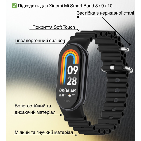 Фото - Ремешок для фитнес-браслета BeCover Wave Style for Xiaomi Mi Smart Band 8 / 9 / 10 Black (714348)