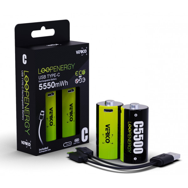 Фото - Батарейка тип C (LR-14) Verico Loop Energy C/R14 USB Type-С 3700mAh 5550mWh-1.5V Li-ion 2 шт. (1BTOV-A4N0A2-NN)