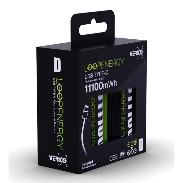 Фото - Батарейка тип D (LR-20) Verico Loop Energy D/R20 USB Type-С 7400mAh 11100mWh-1.5V Li-ion 2 шт.  (1BTOV-A5N0A2-NN)