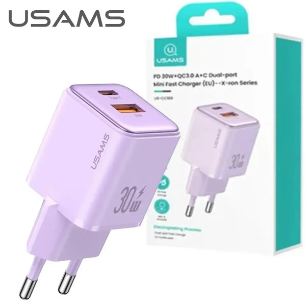 Фото - Сетевое зарядное устройство Usams US-CC189 USB+USB-C 30W Fast Charging Violet (CC189TC03)