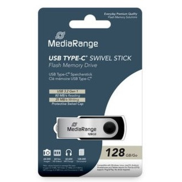 Фото - Флеш USB MediaRange USB Type-C 3.2 Gen 1 Flash Drive 128GB, Swivel Housing, Silver/Black (MR1954)