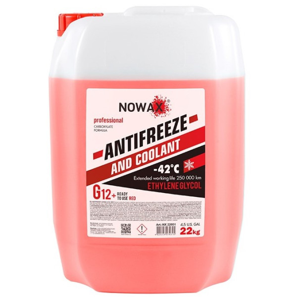 Фото - Антифриз NOWAX ANTIFREEZEE G12+ RED 22 кг готовый раствор (NX22001)