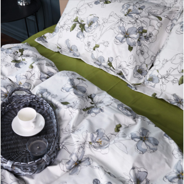 Фото - Простынь двуспальная MirSon Поплин 00-1 Olive Flowers 180х200 см (2200009699382)