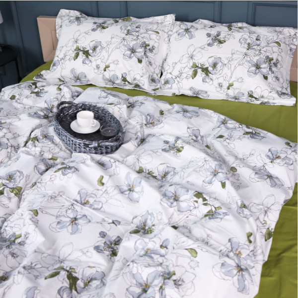 Фото - Простынь двуспальная MirSon Поплин 00-1 Olive Flowers 180х200 см (2200009699382)