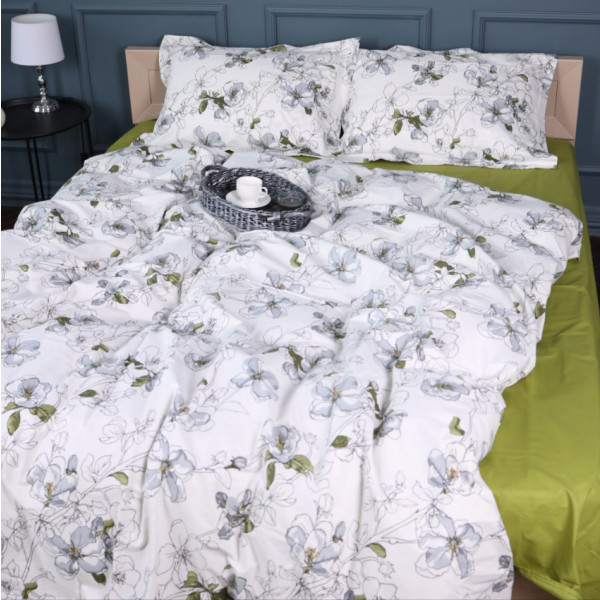 Фото - Простынь двуспальная MirSon Поплин 00-1 Olive Flowers 180х200 см (2200009699382)