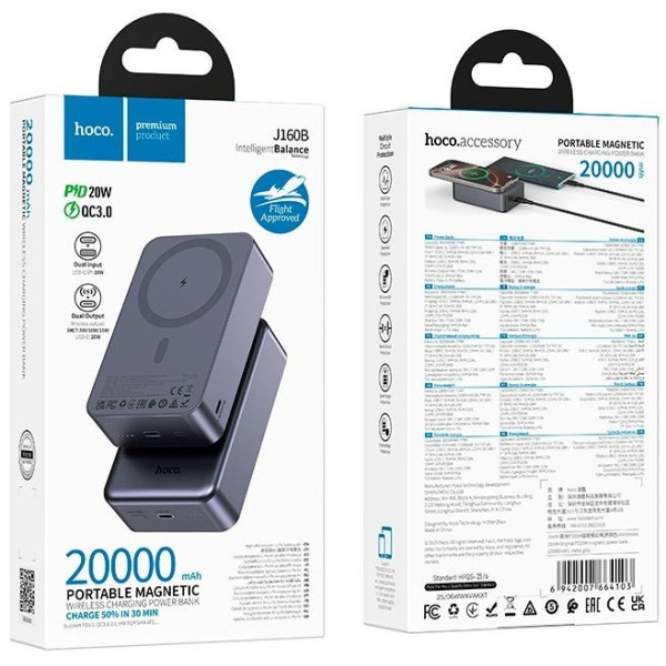 Фото - Батарея мобильная HOCO J160B Original PD20W Magnetic 20000 mAh Metal Gray (714785)