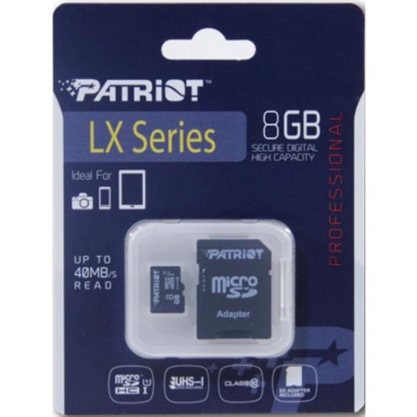 Фото - Карта памяти Patriot LX microSDHC 8GB UHS-I Class 10 + SD-adapter (PSF8GMCSDHC10)