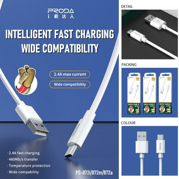 Фото - Кабель синхронизации данных Proda PD-B72m microUSB 2.4А White (PD-B72m-WHT)