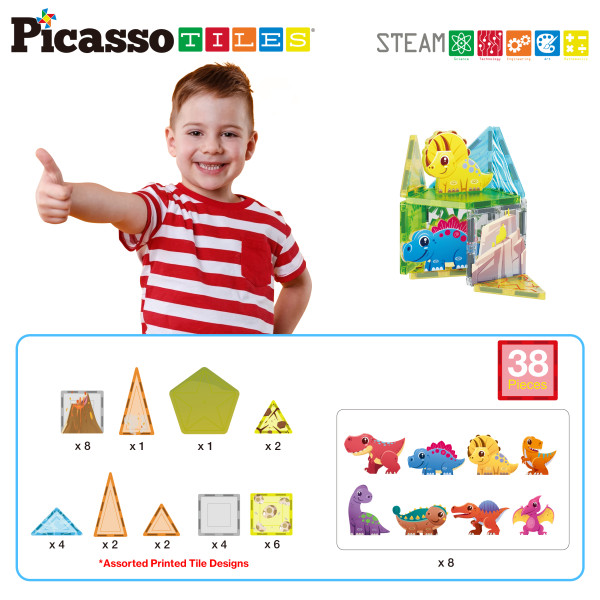 Фото - Пластиковый конструктор Picasso Tiles DINOSAUR SET с 8 фигурками динозавров на 38 дет. (817338028848)